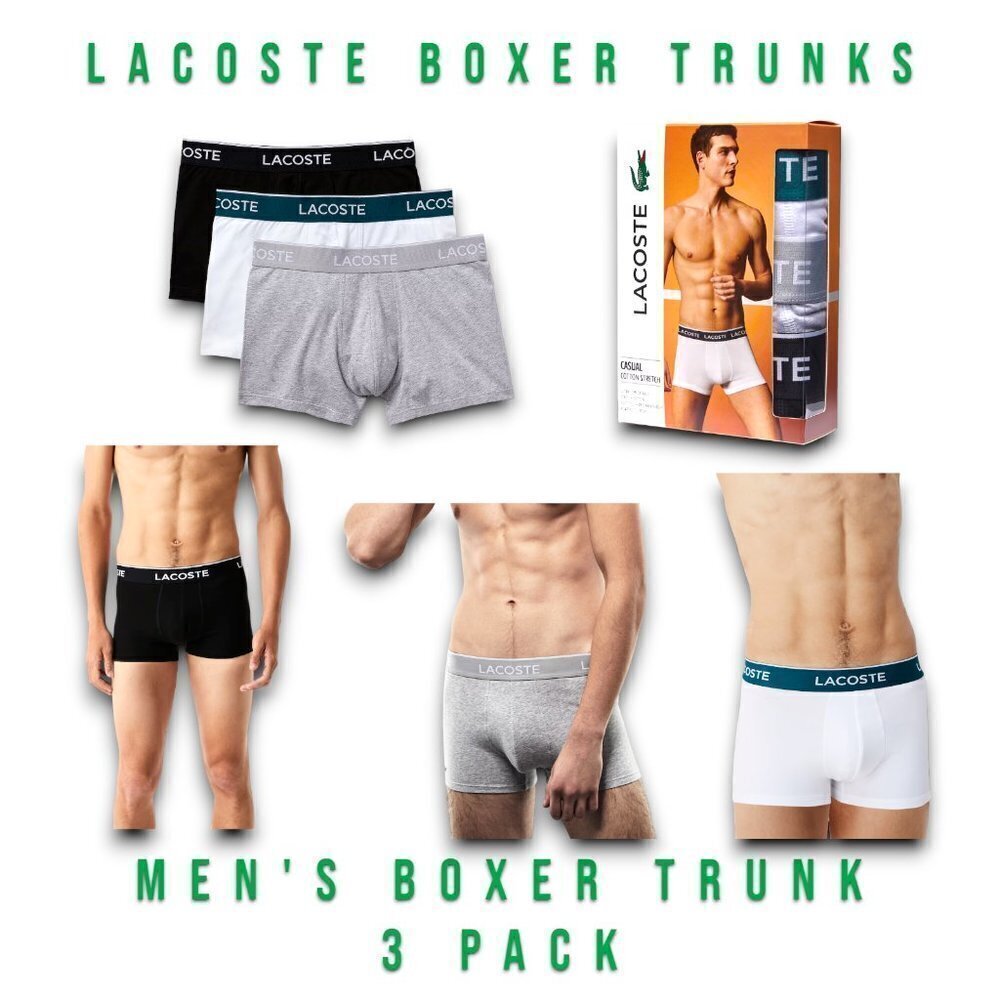 Lacoste Mens Underwear Boxer Trunks Brand Name Waist Pattern 3 Pack Size X-Large